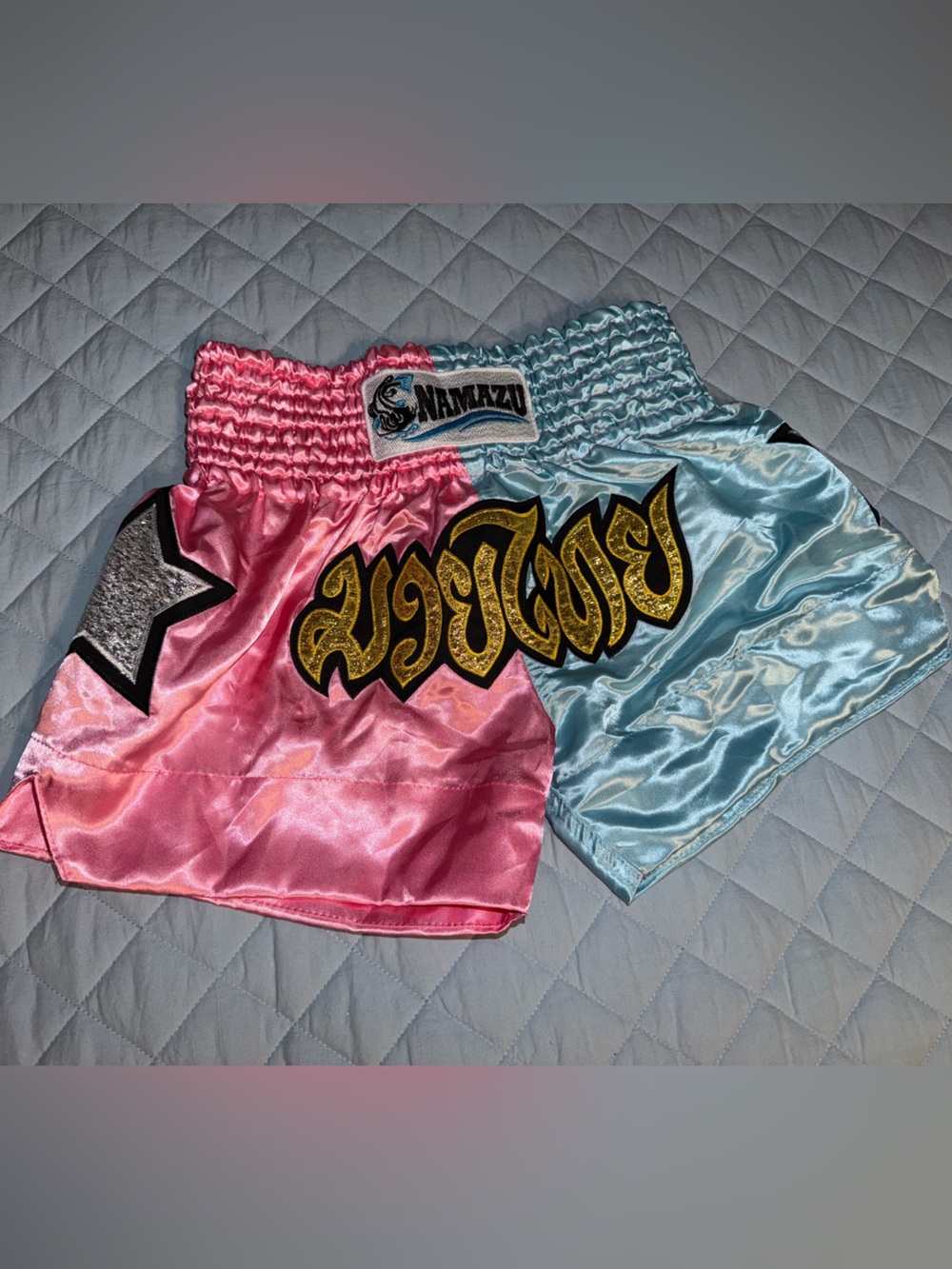 NAMAZU Two-Tone Satin Muay Thai Kickboxing Shorts Pink Blue Silver Star